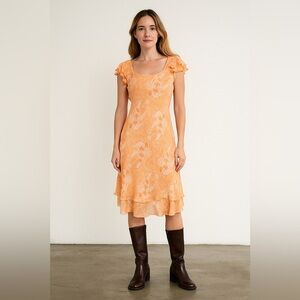 Jones New York 100% silk Peach Floral Midi Dress ruffle y2k